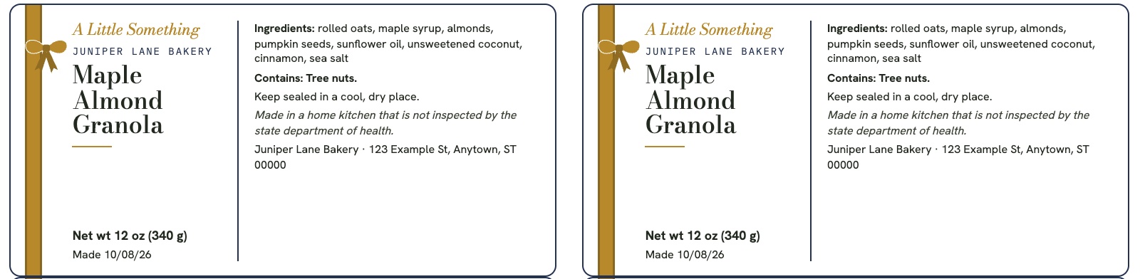 Everyday gift 2 by 4 labels with a gold ribbon and bow for maple almond granola