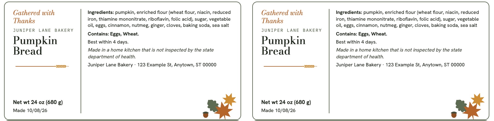 Thanksgiving 2 by 4 labels with autumn leaves and a wheat rule for pumpkin bread