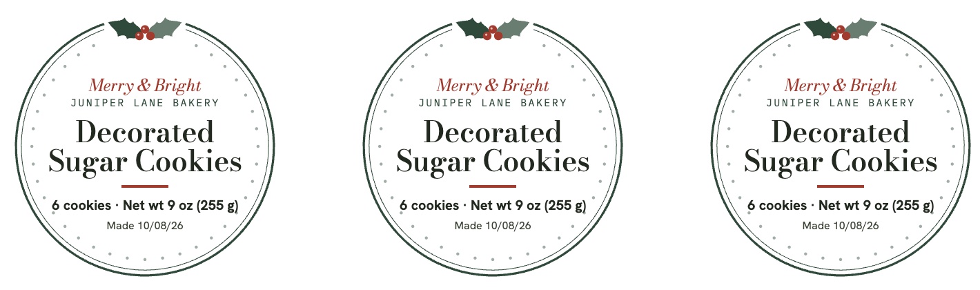 Christmas round labels with holly and berries for decorated sugar cookies