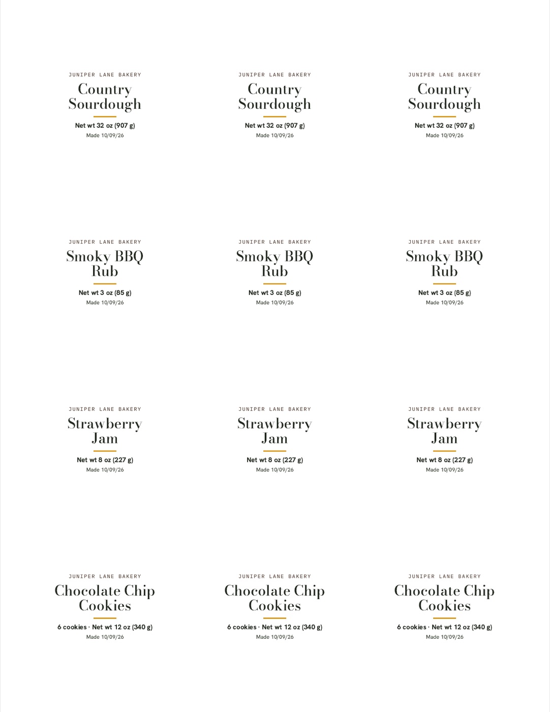 Sheet of twelve 2 inch round front labels