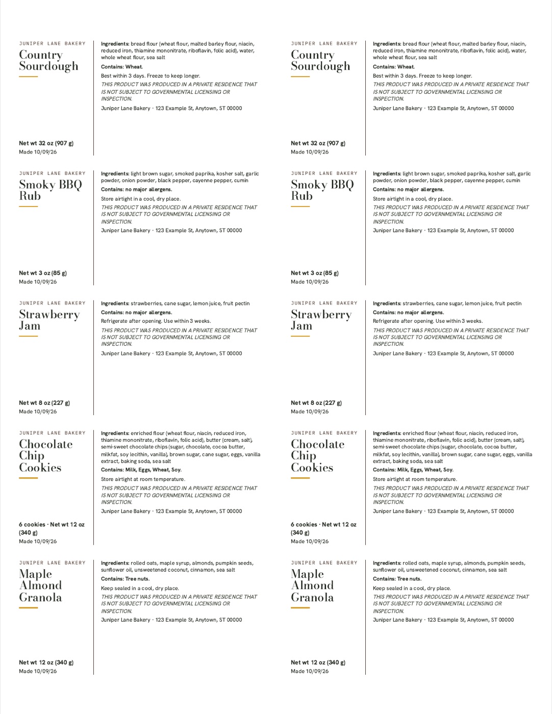 Sheet of ten 2 by 4 inch ingredient labels