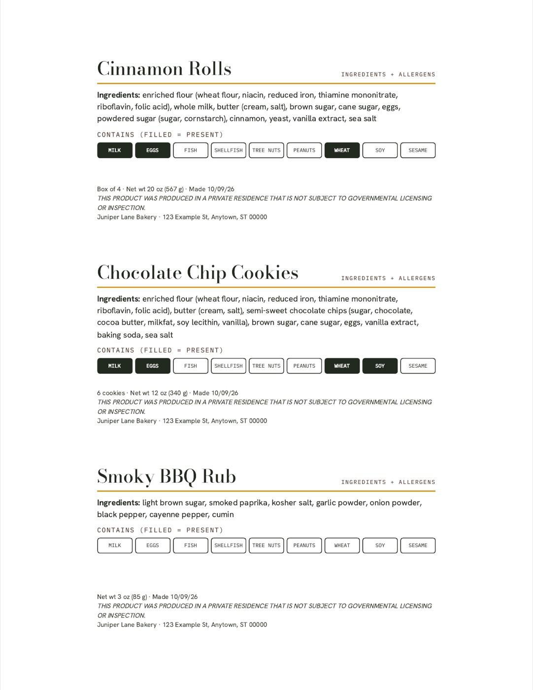 Ingredients and allergens card
