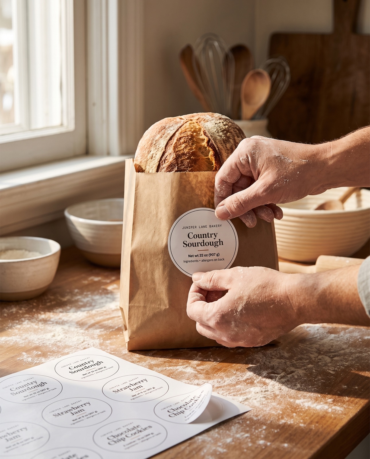 Hands pressing a round label onto a bread bag