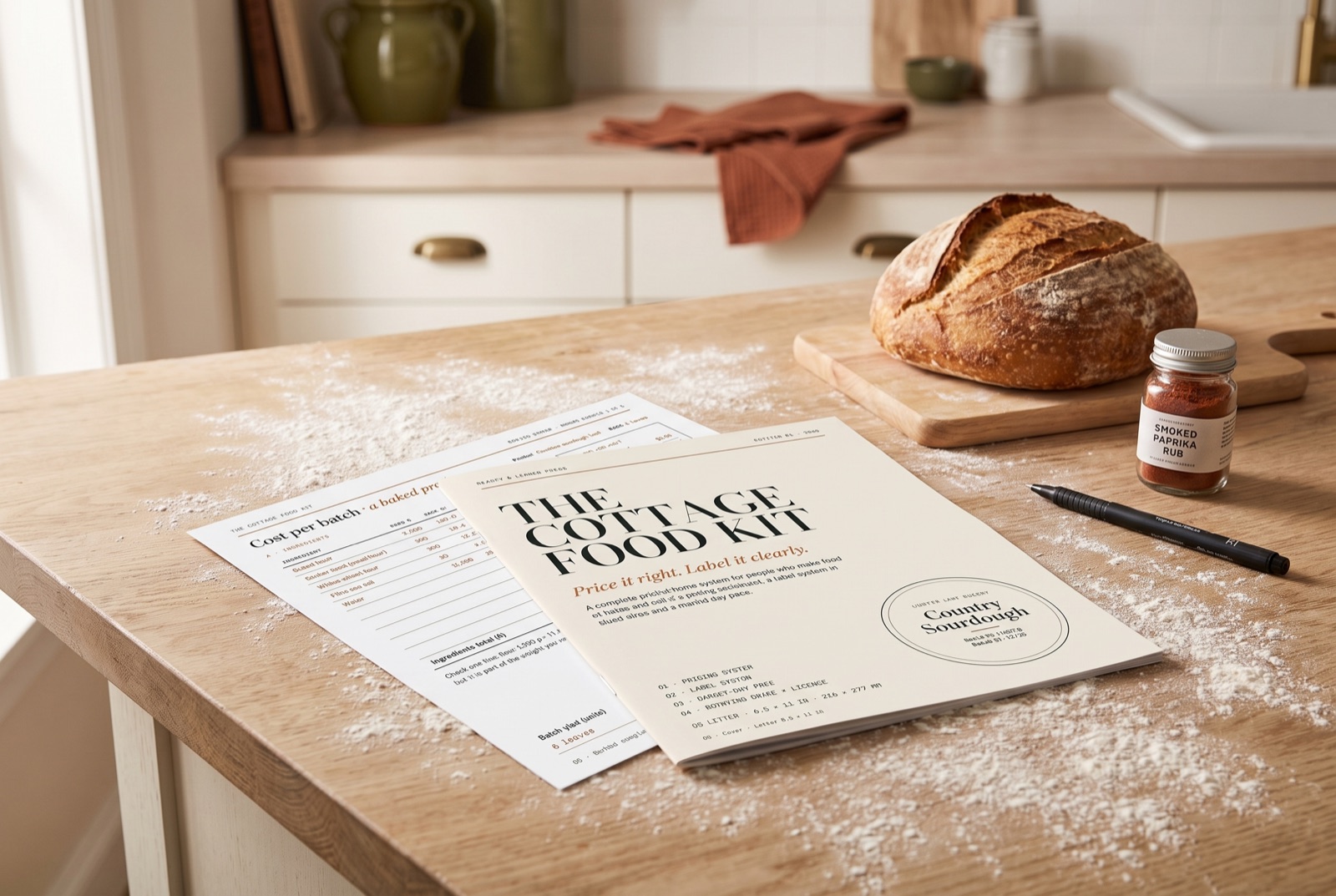 Printed Cottage Food Kit pages on a floury kitchen worktop next to a sourdough loaf