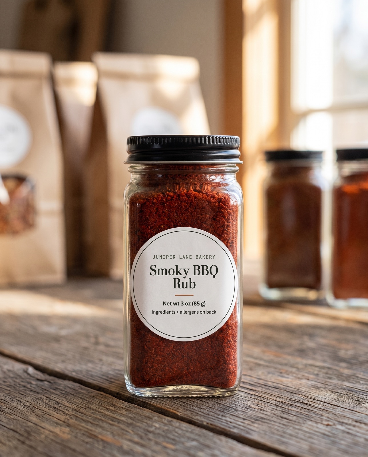 Spice jar with a 2 inch round printed label