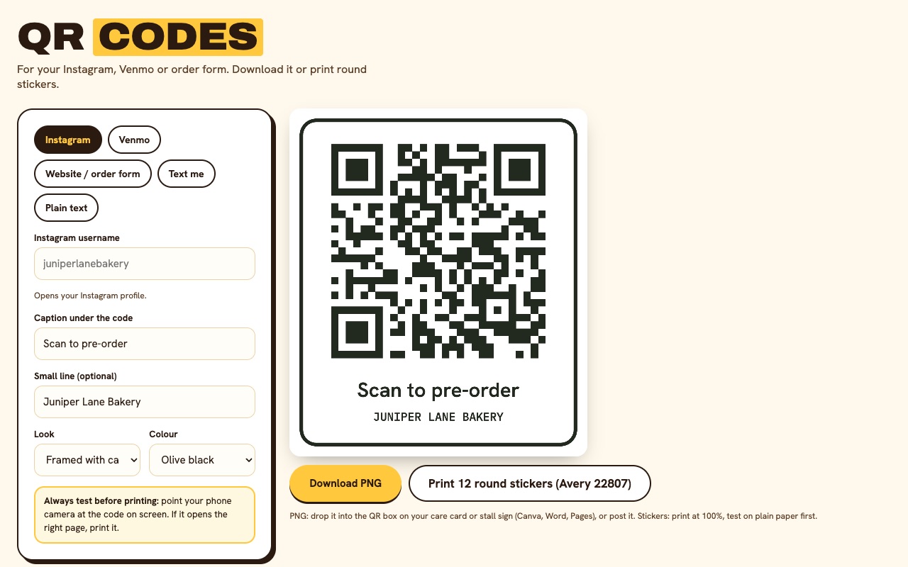 QR Code Maker turning an Instagram link into a framed QR code