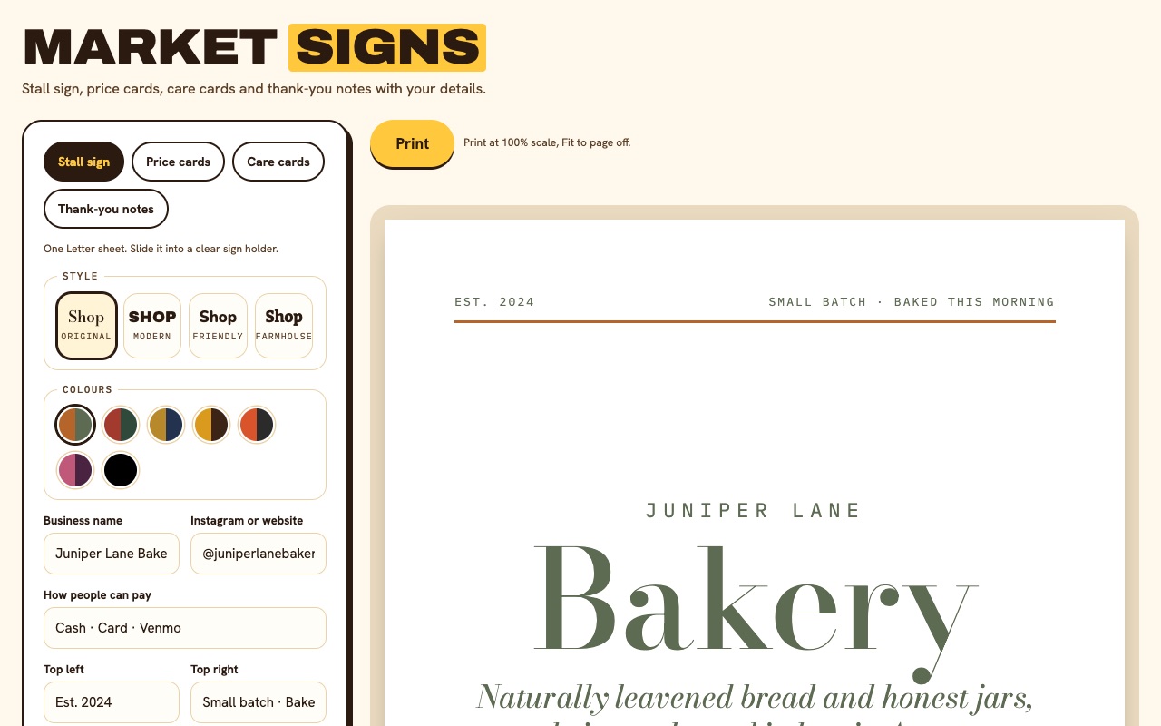 Market Signs tool showing a stall sign with the business name, a short description, pre-order line and QR code